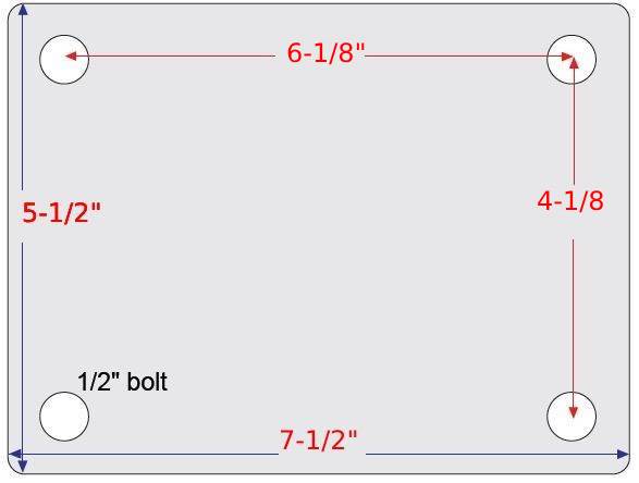 (image for) Caster; Rigid; 5" x 2-1/16" (6"x2-11/16"); Singled Flange Drop Forged Steel; Plate (5-1/2"x7-1/2"; holes: 4-1/8"x6-1/8"; 1/2" bolt); Zinc; Roller Brng; 4200# (Item #63156)