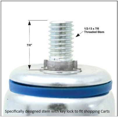 (image for) Shopping Cart Swivel Caster; 5" x 1-1/4"; PolyU on PolyO (Blue); Threaded Stem (1/2"-13TPI x1") with Keylock; Zinc; Ball Brng; 250#; Raceway Seal (Item #65352)